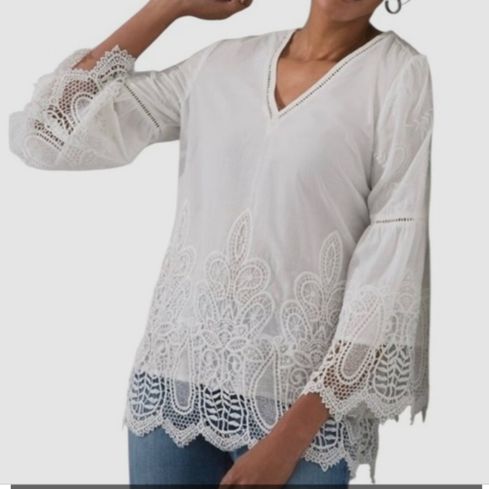 CHICO’S White Lace Tunic Top Embroidered Crochet Details ,V-Neck (SKU514)